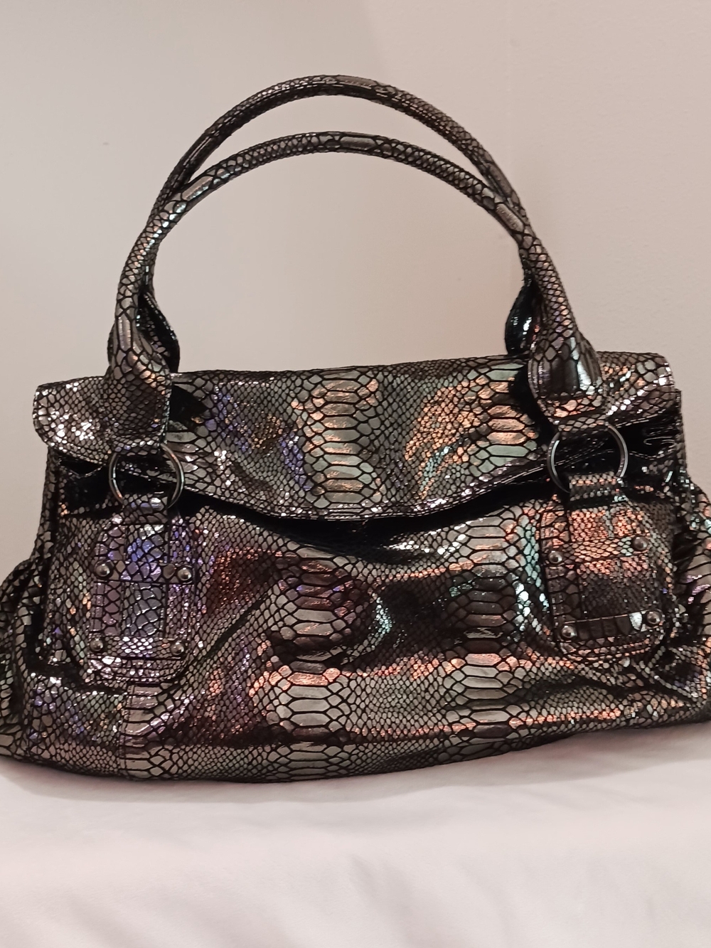 Beverly Feldman Iridescent Snake-Embossed Shoulder Bag